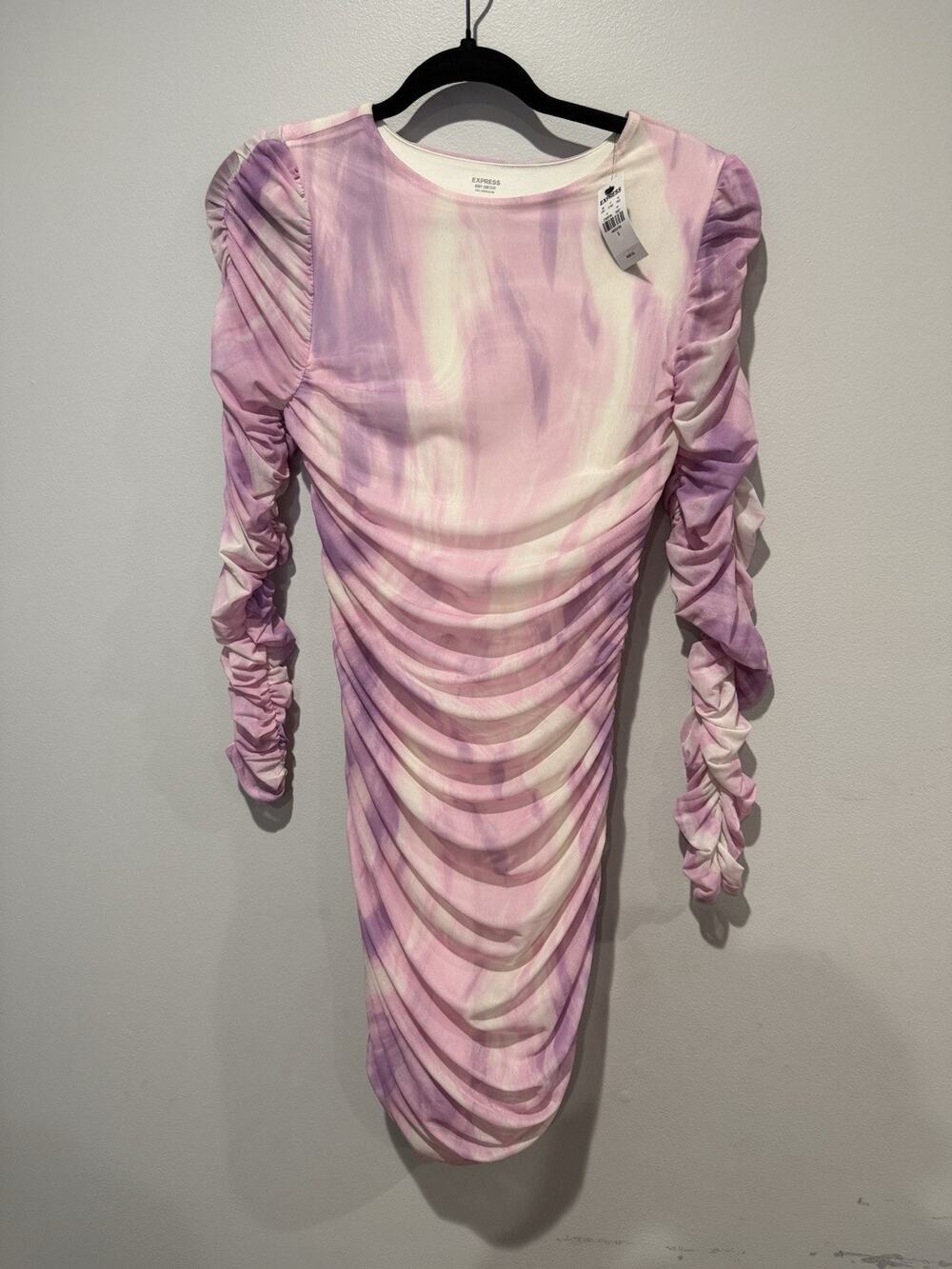 NWT Express Body Contour Compression Ruched Tie Dye Pink Purple Dress Small